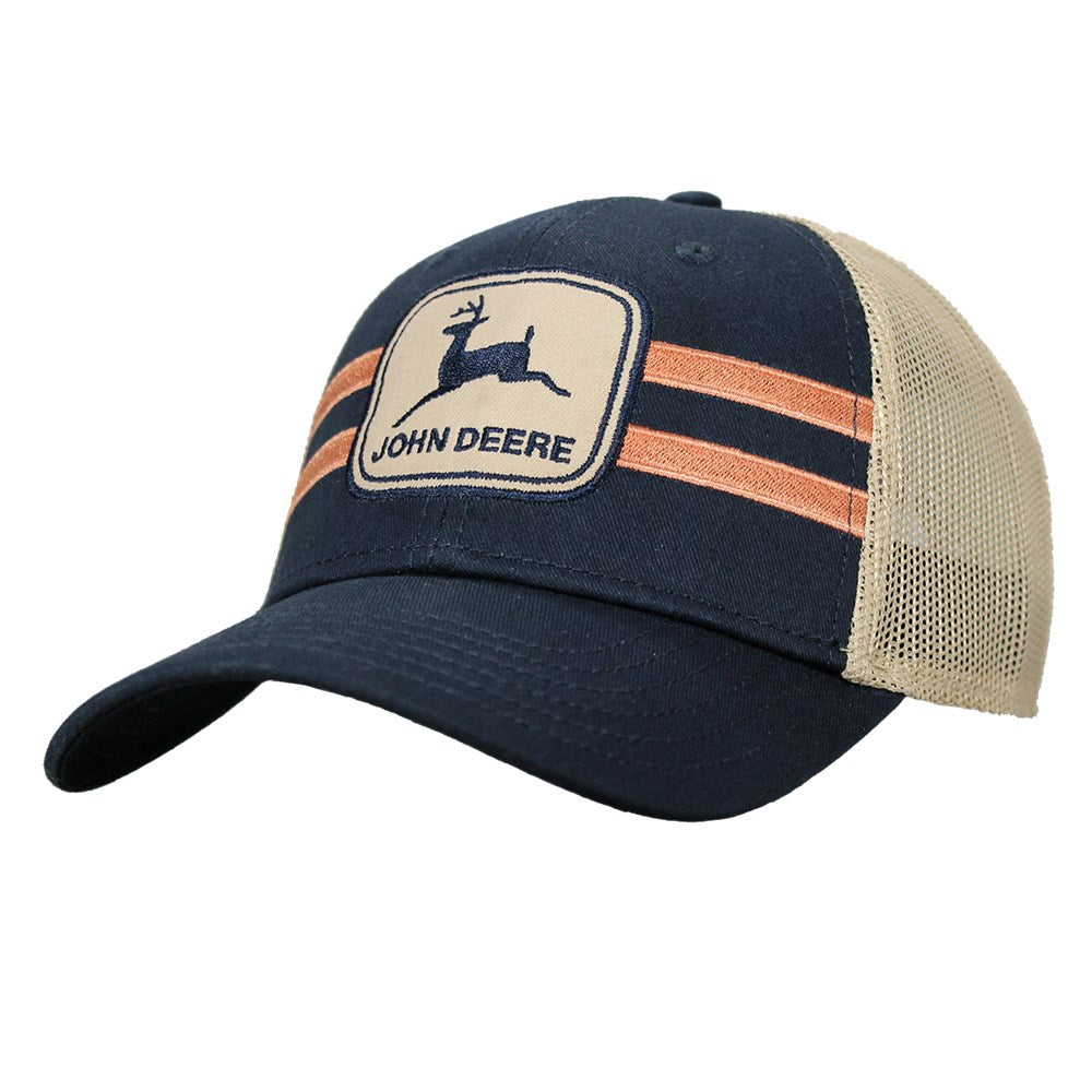 John Deere Vintage Logo Trucker Mesh Racing StripeNavy blue and beige cap with John Deere logo on a white background 