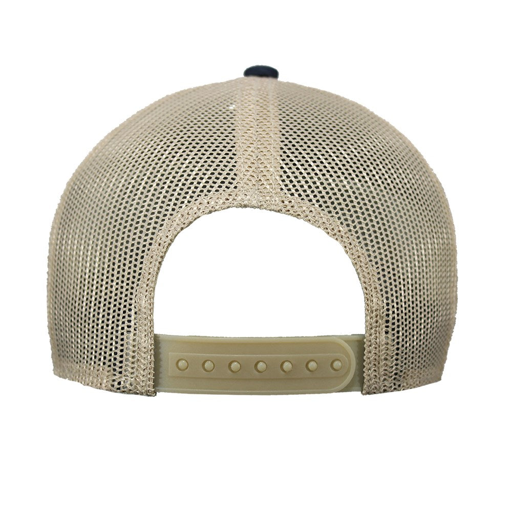 John Deere Vintage Logo Trucker Mesh Racing StripeNavy blue and beige cap with John Deere logo on a white background 