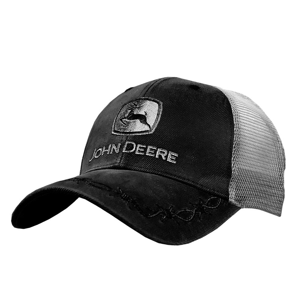 Black and gray cap with John Deere logo on a white background