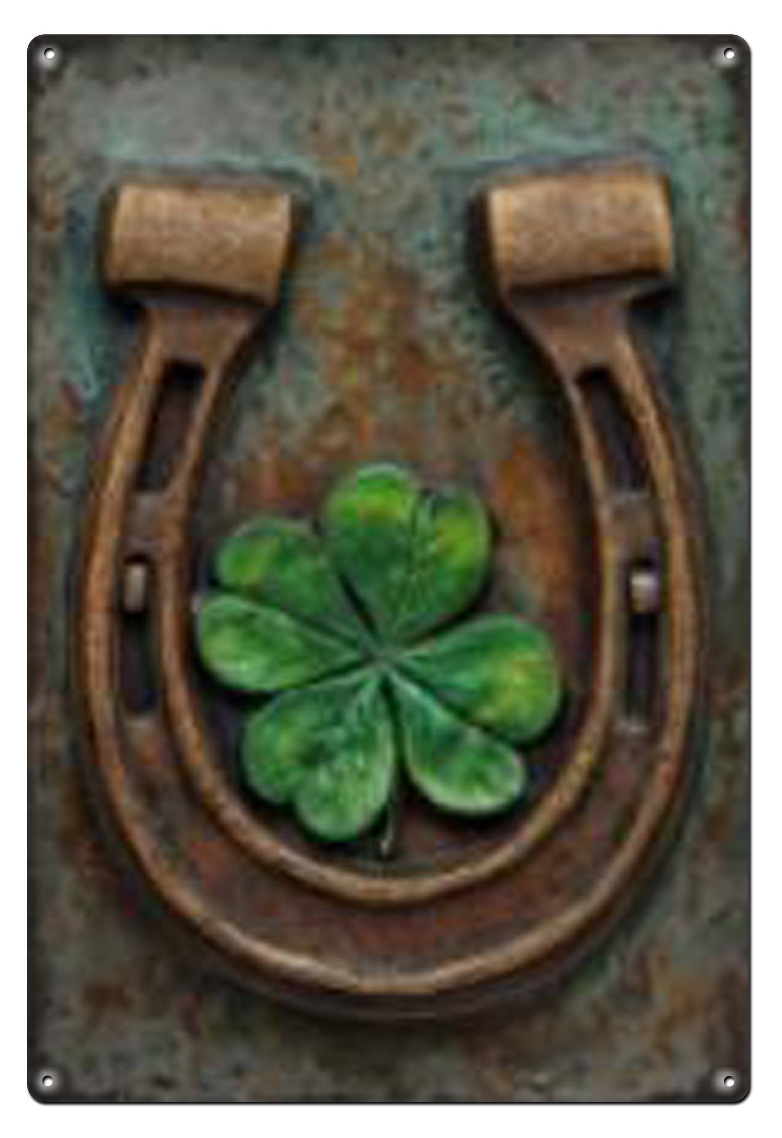 Good Luck Tin Sign. Metal sign with a horseshoe and four-leaf clover on a textured background