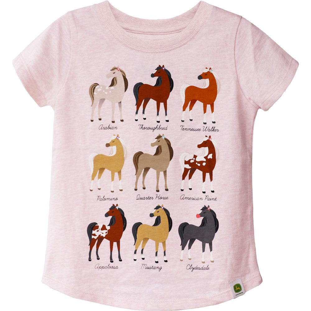 John Deere Girl's Horse Breeds T-Shirt. Pink t-shirt with horse illustrations and names on a white background 