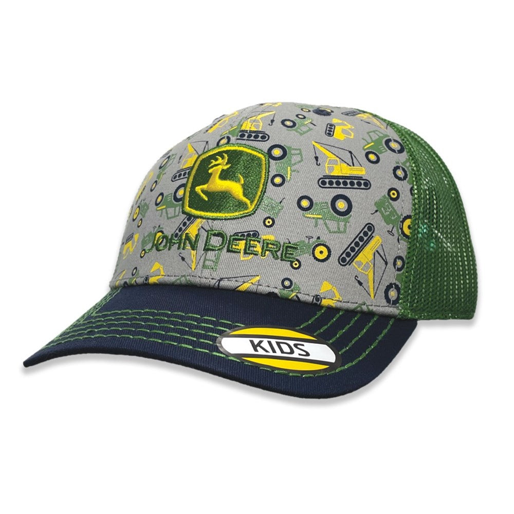John Deere Kids All Over Pattern Trademark Logo Embroidered Trucker Cap. John Deere cap with tractor pattern on a white background