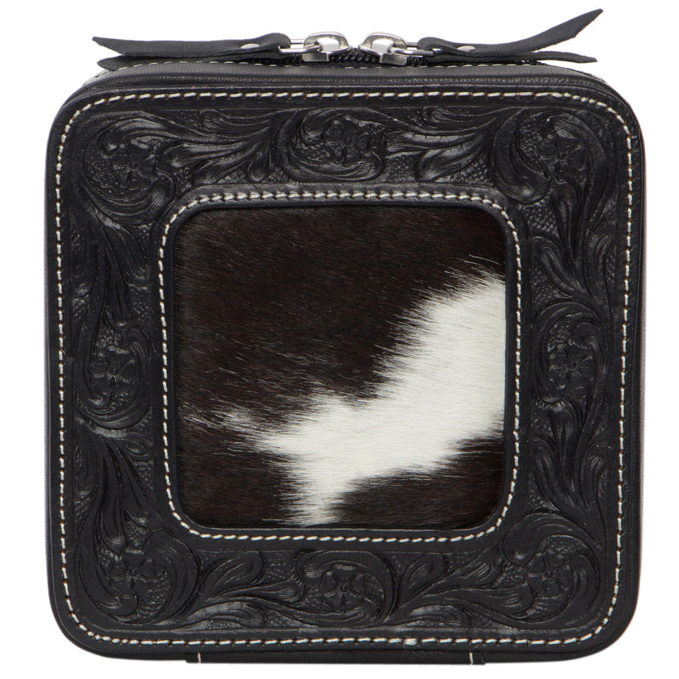 Tooling Cowhide Jewellery Box. Black leather case with cowhide panel on a white background