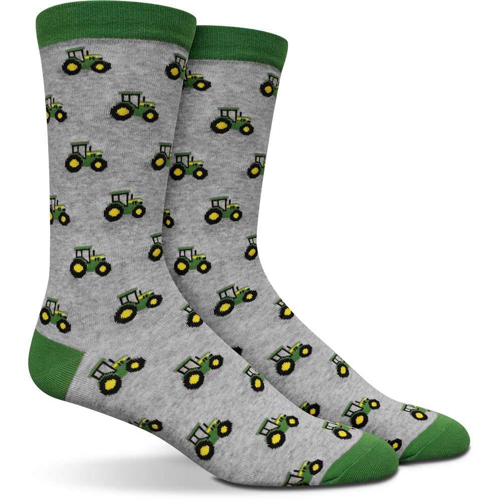 John Deere Tractor Row Fashion Socks Crew-2 Pack. Set of socks with tractor pattern on gray and navy backgrounds