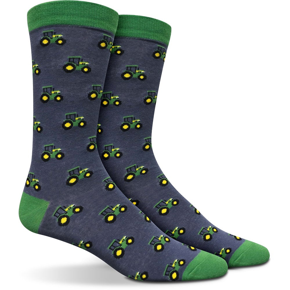 John Deere Tractor Row Fashion Socks Crew-2 Pack. Navy socks with green tractor pattern and green cuffs and toes on a white background