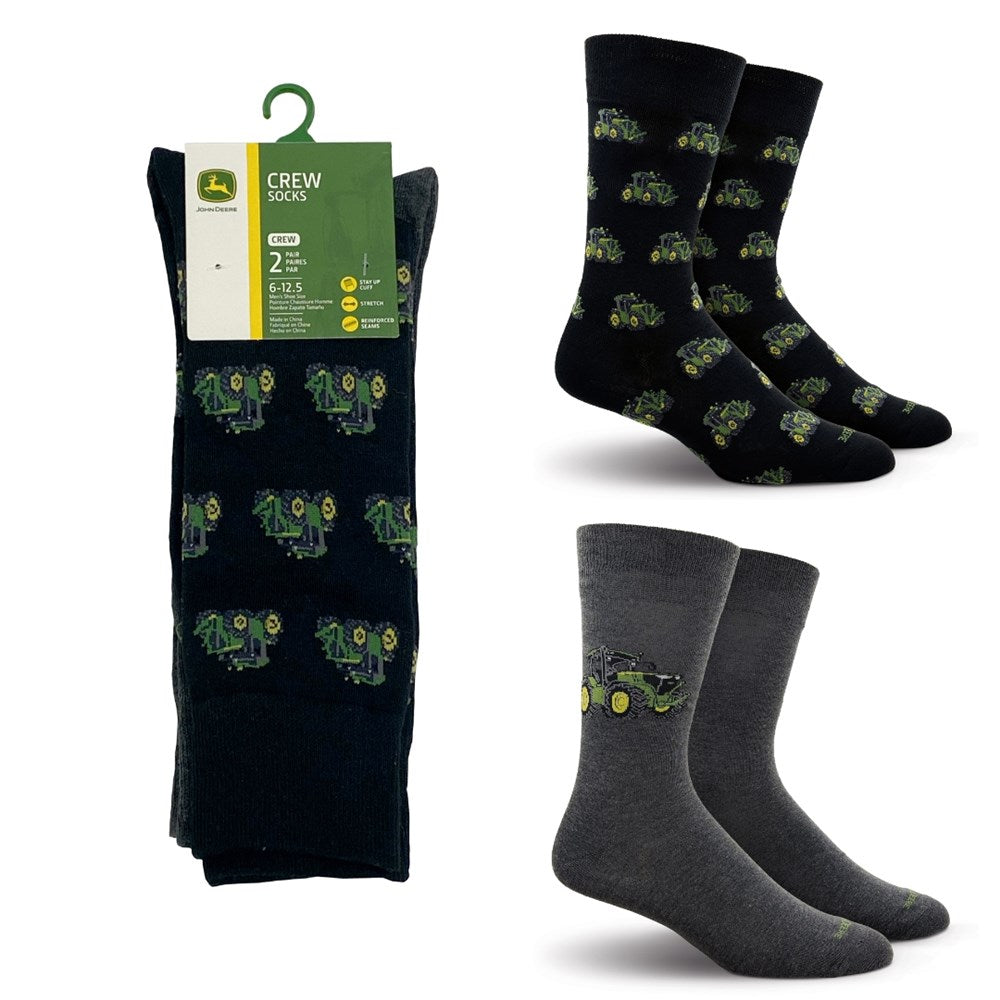 John Deere 2 Pack Dress Socks. Set of black and gray socks with tractor pattern, including packaging on a white background.