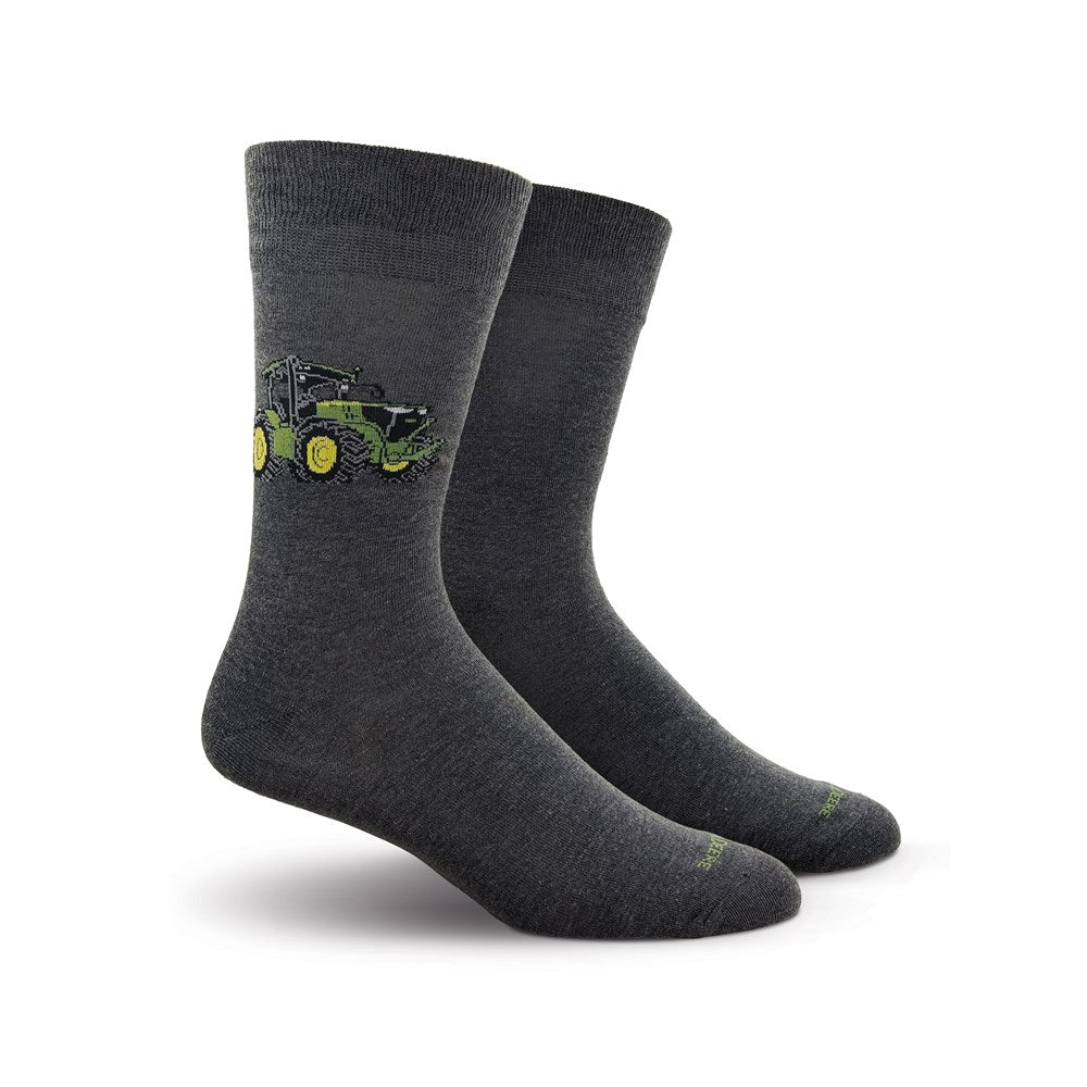 John Deere 2 Pack Dress Socks. Set of black and gray socks with tractor pattern, including packaging on a white background.