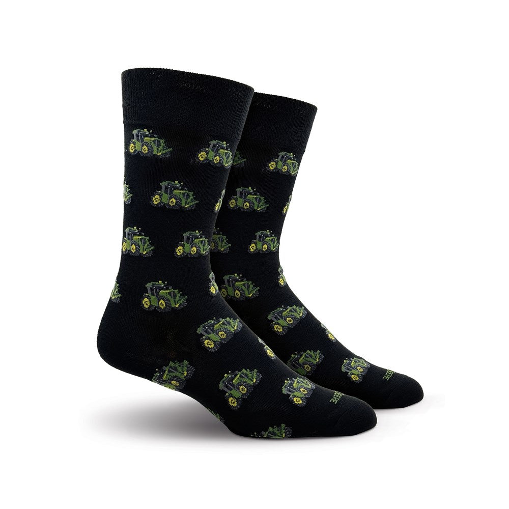John Deere 2 Pack Dress Socks. Black socks with green tractor pattern on a white background