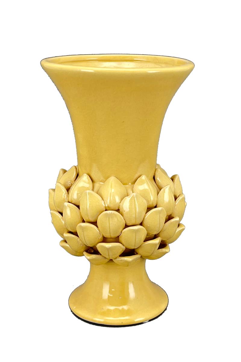 Yellow vase with a textured base on a white background