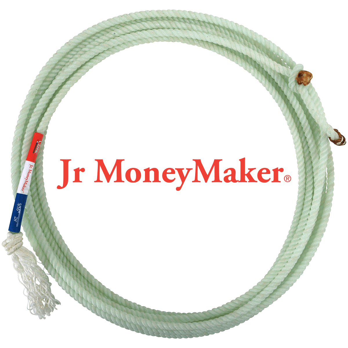 Classic Jr Money Maker Kids Rope. A coiled white rope with a blue and red label that reads &#39;Jr MoneyMaker&#39;.