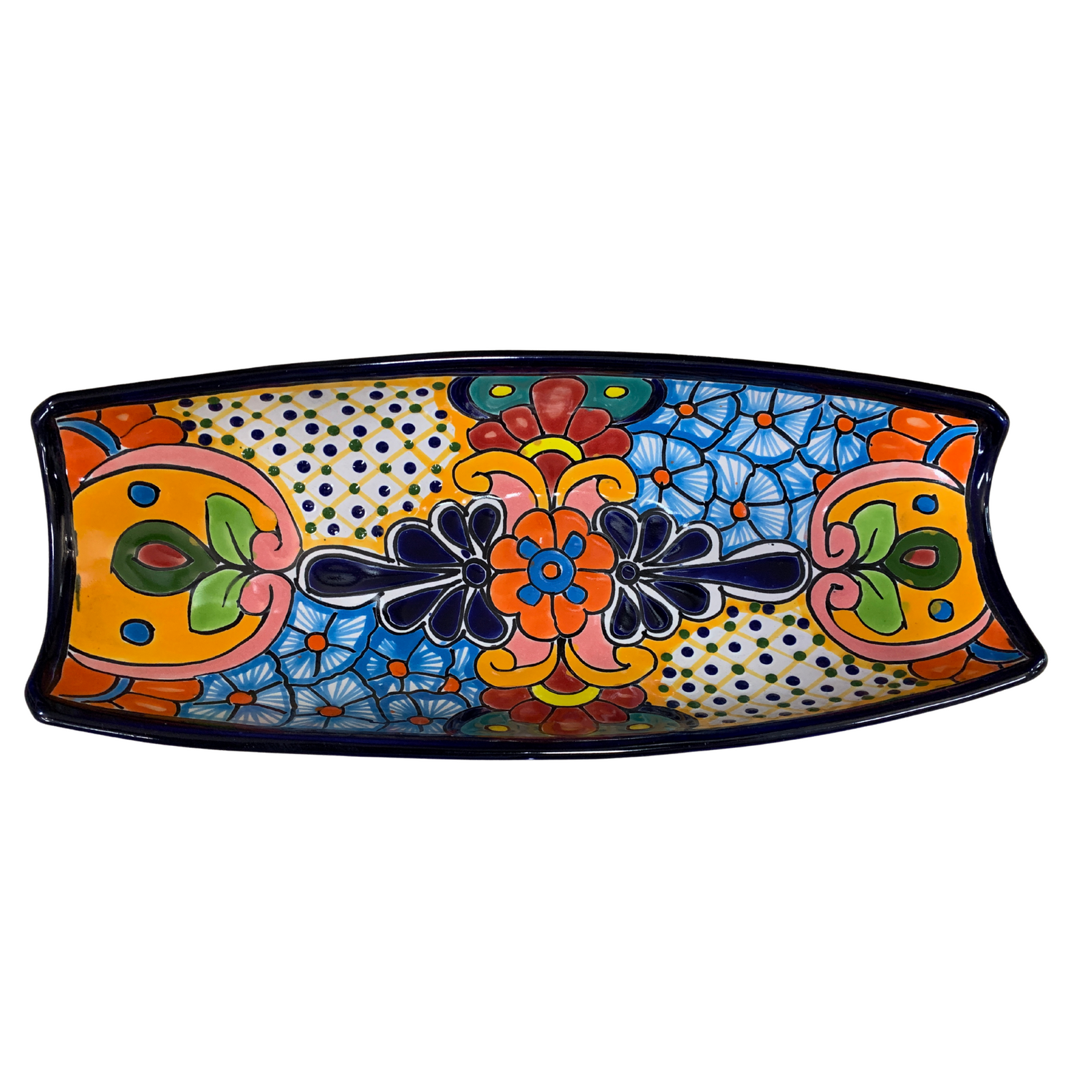 Talavera Canoe Platter. Colorful ceramic boat-shaped dish on a white background