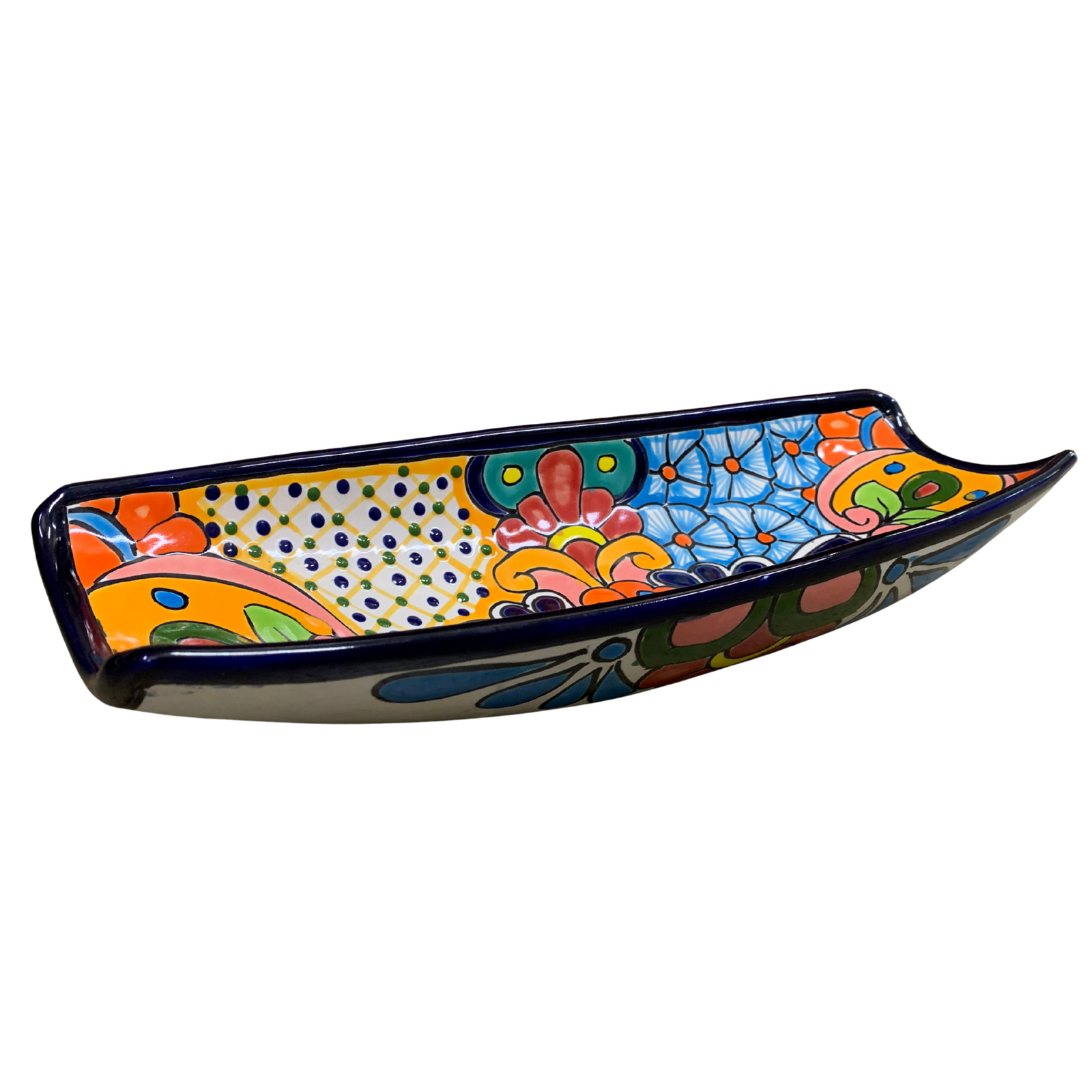 Talavera Canoe Platter. Colorful ceramic boat-shaped dish on a white background