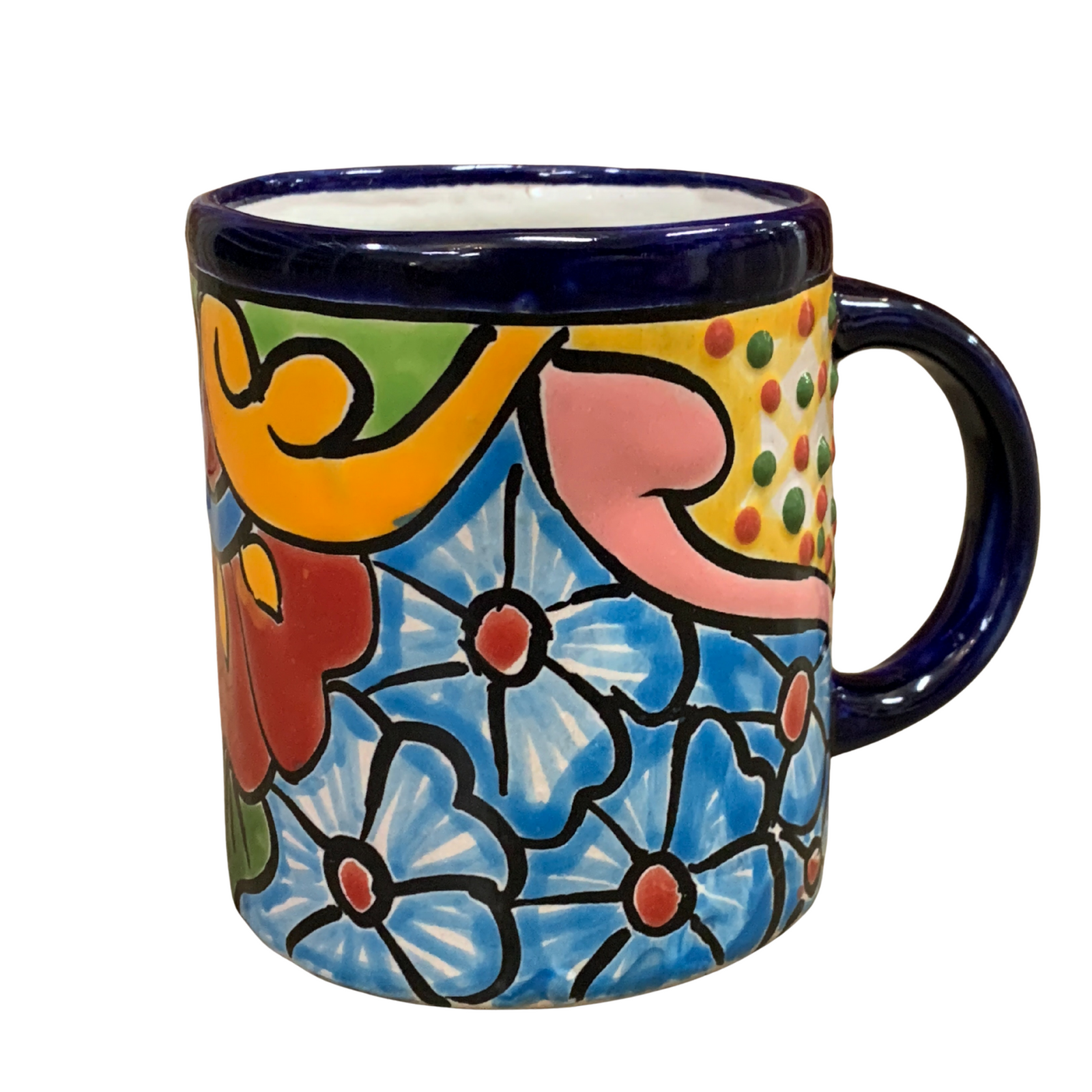 Talvera Coffee Mug. Colorful ceramic mug with floral design on a white background