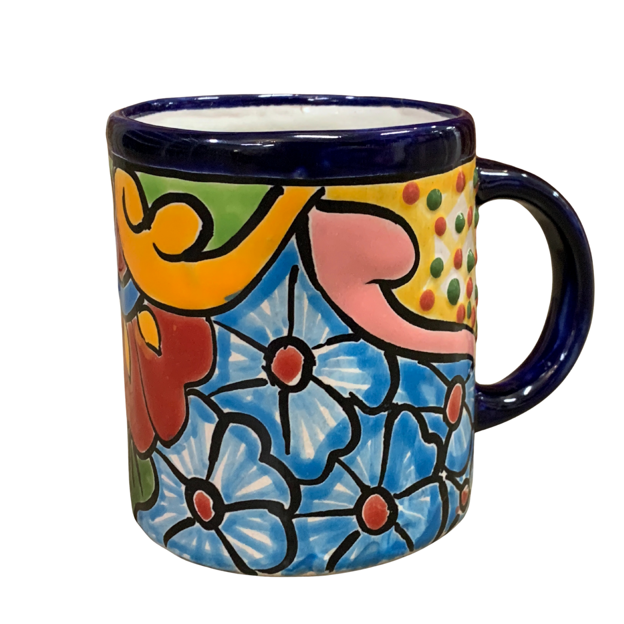 Talvera Coffee Mug. Colorful ceramic mug with floral design on a white background