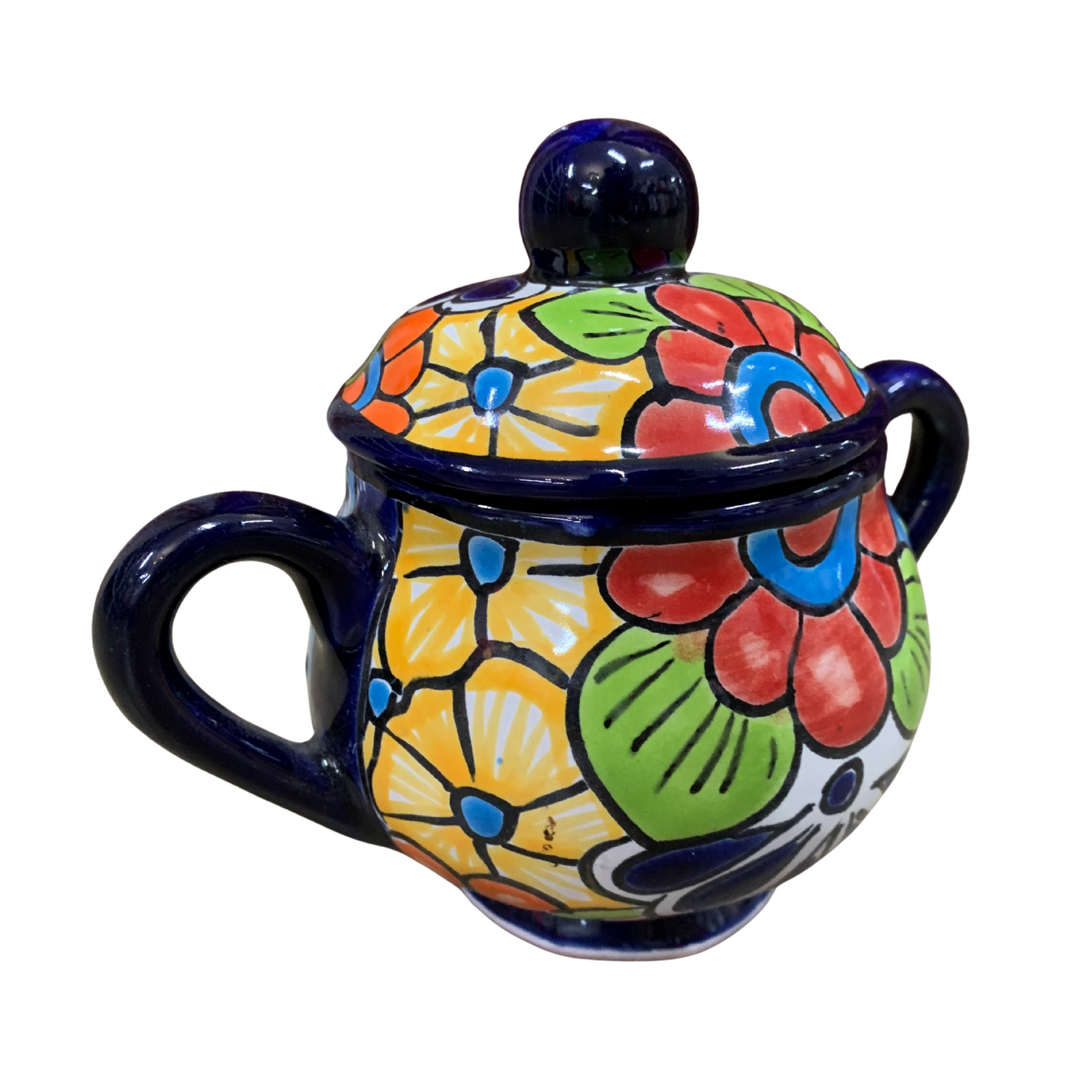 Talavera Sugar Bowl with Handles. Colorful ceramic mug with floral design on a white background
