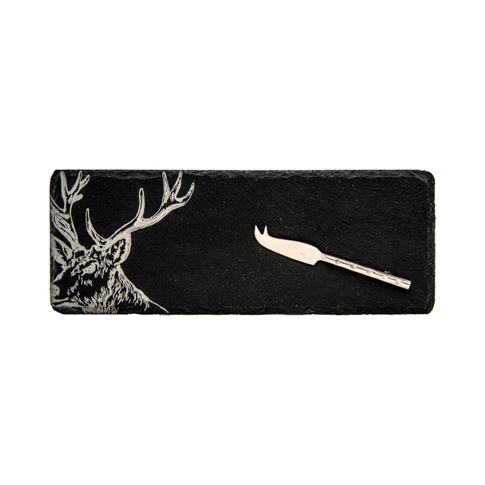 Black slate with a white deer head design and knife on a white background