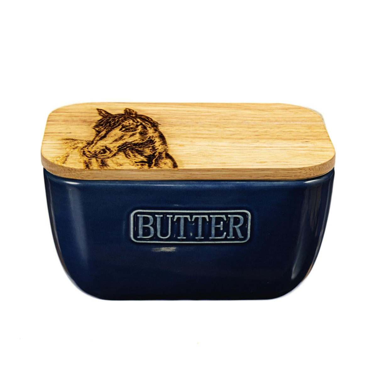 Blue butter container with wooden lid featuring a horse design on a white background