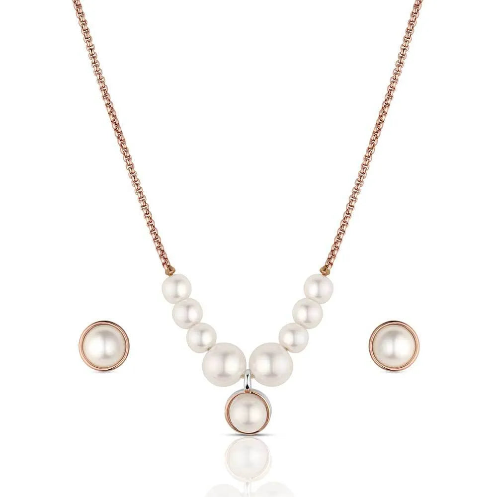 Pearl necklace with rose gold accents on a white background