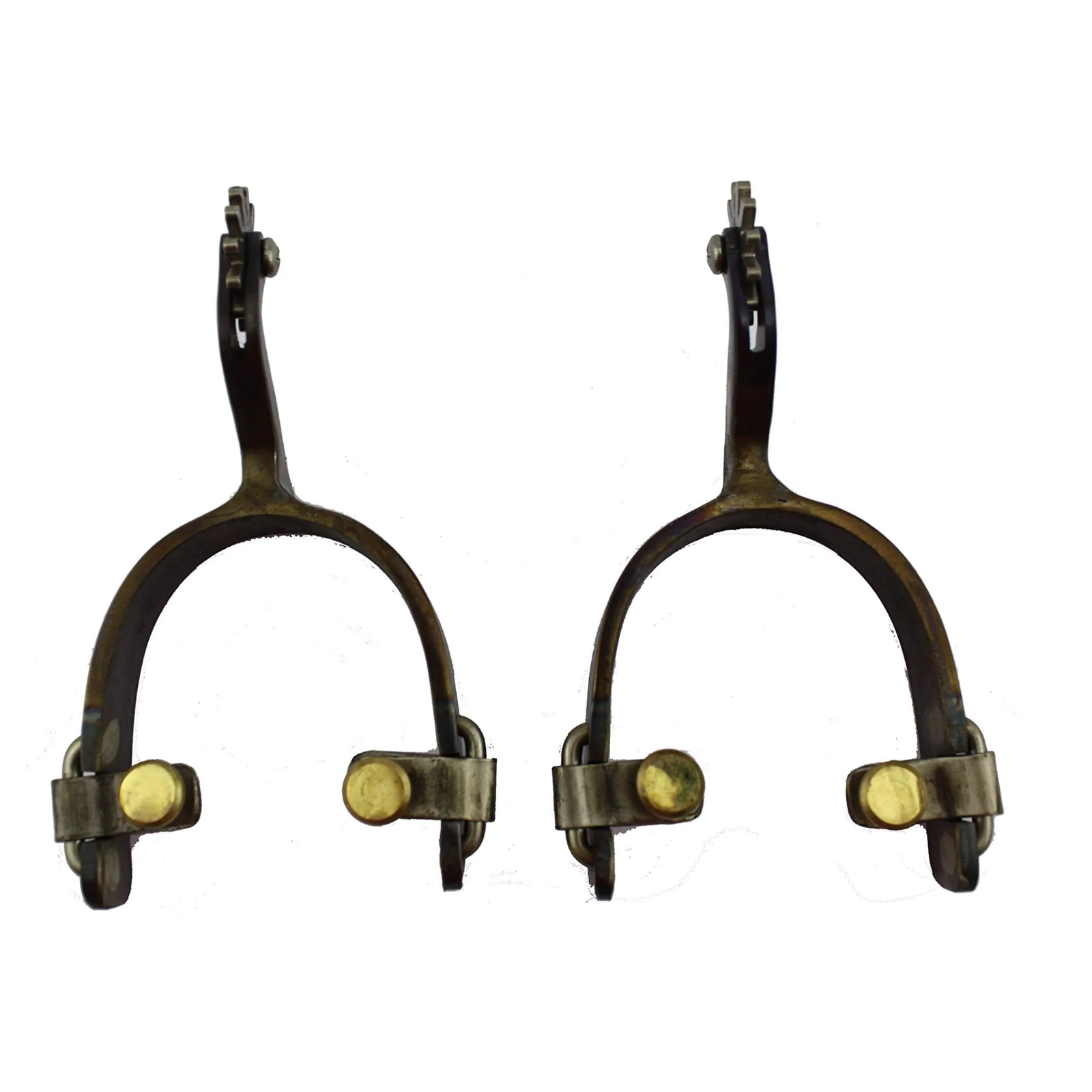 Rick Hopkins Spurs. Pair of brass horse bits on a white background