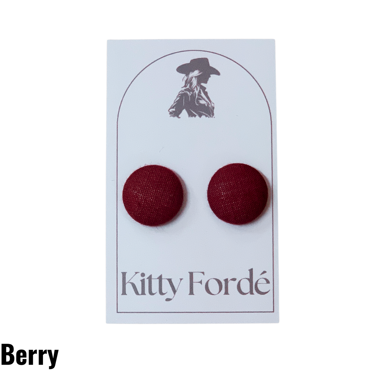Red earrings on a Kitty Fordé branded card with 'Berry' color label.