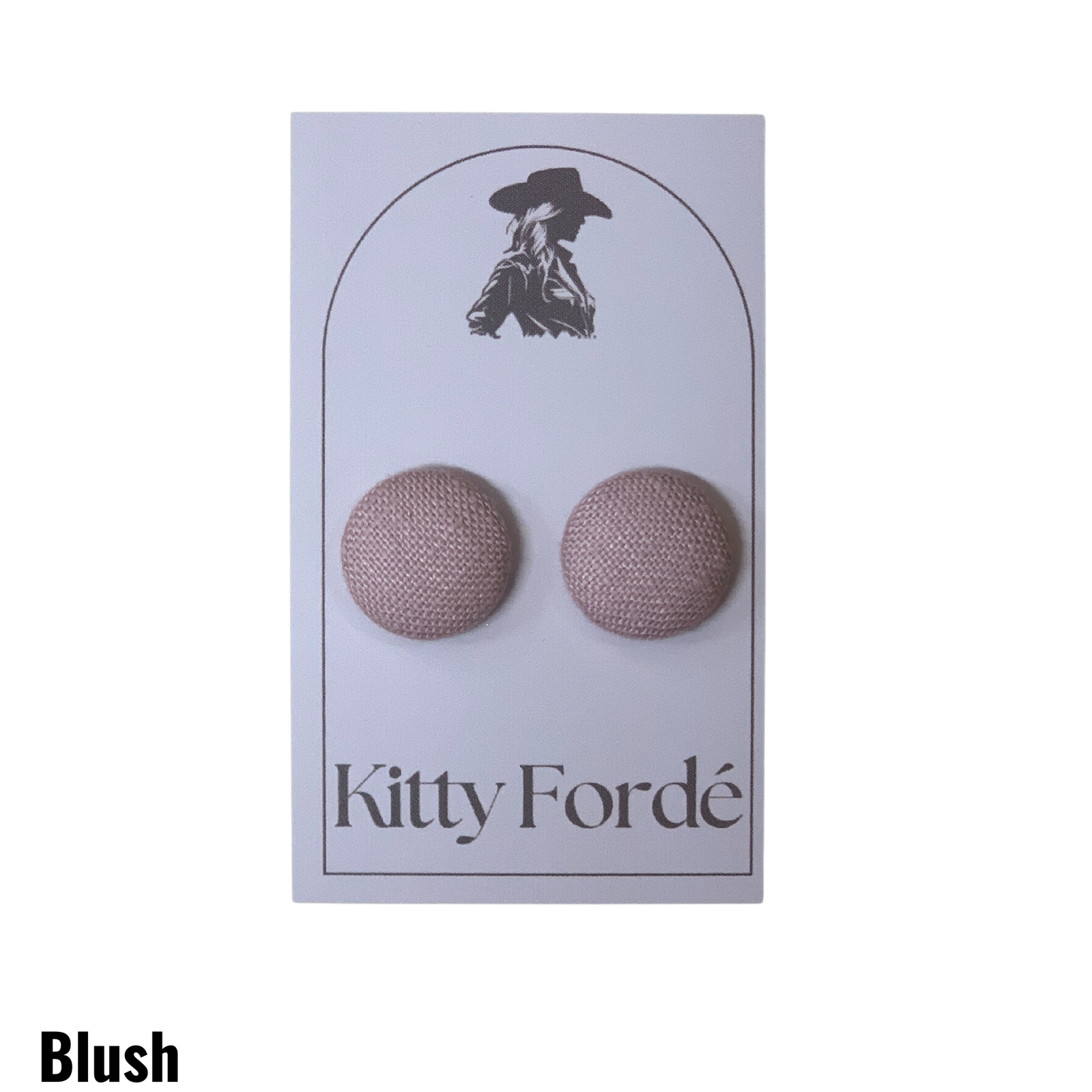 Kitty Fordé blush earrings on a branded card with a white background