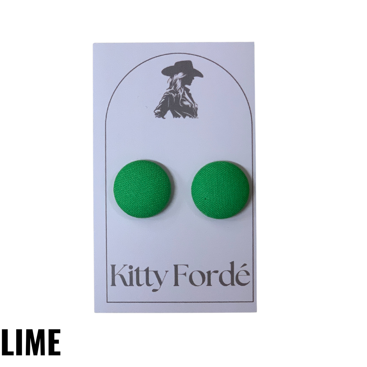 Green earrings on a Kitty Fordé branded card with 'LIME' text below.