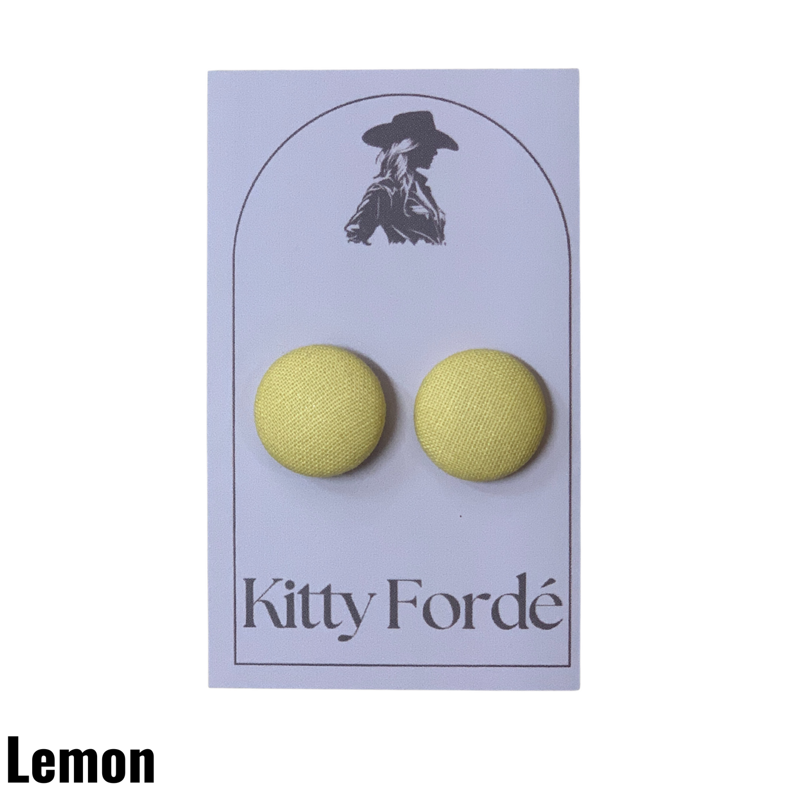 Pair of lemon green earrings on a Kitty Fordé branded card.