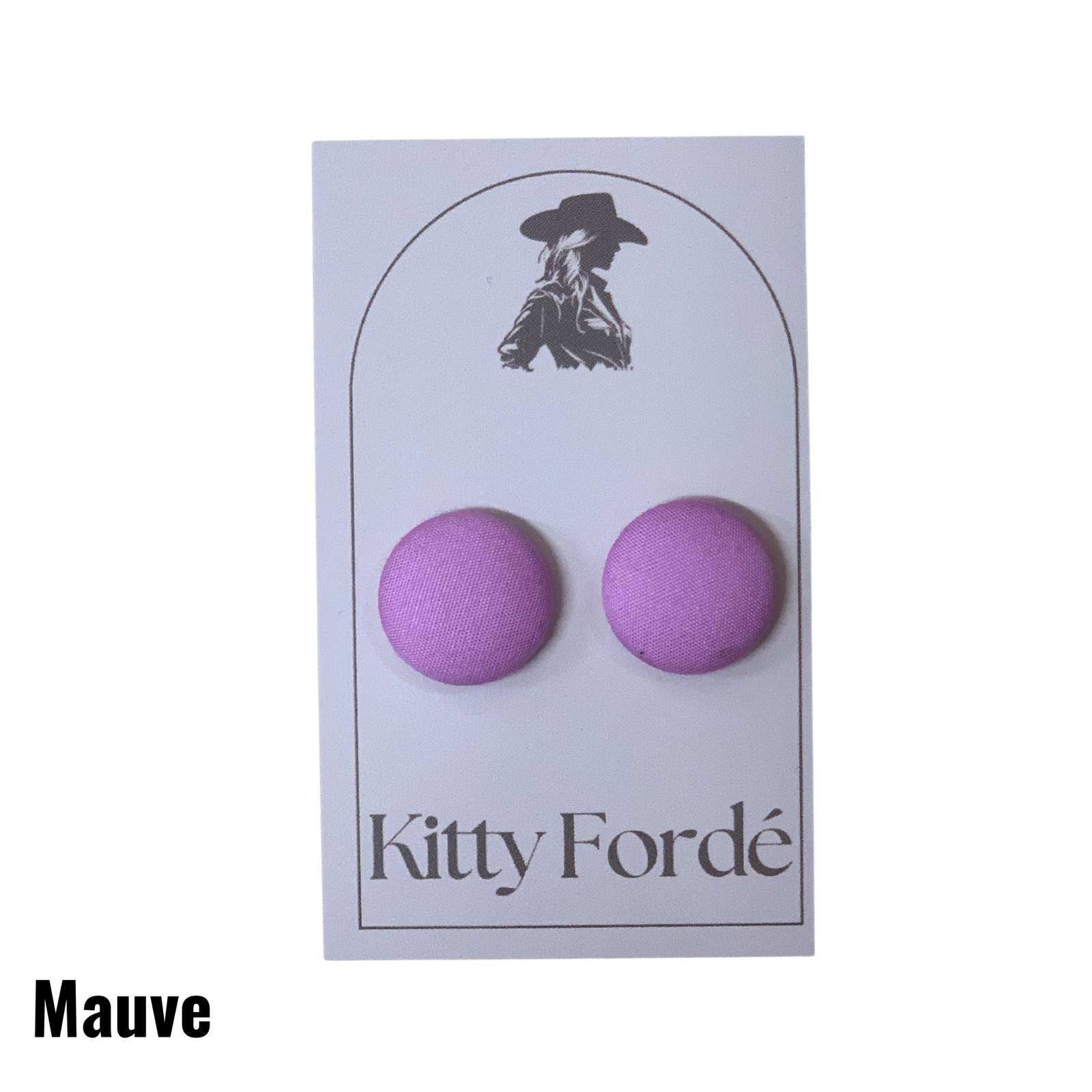 Mauve earrings on Kitty Fordé branded card with a white background