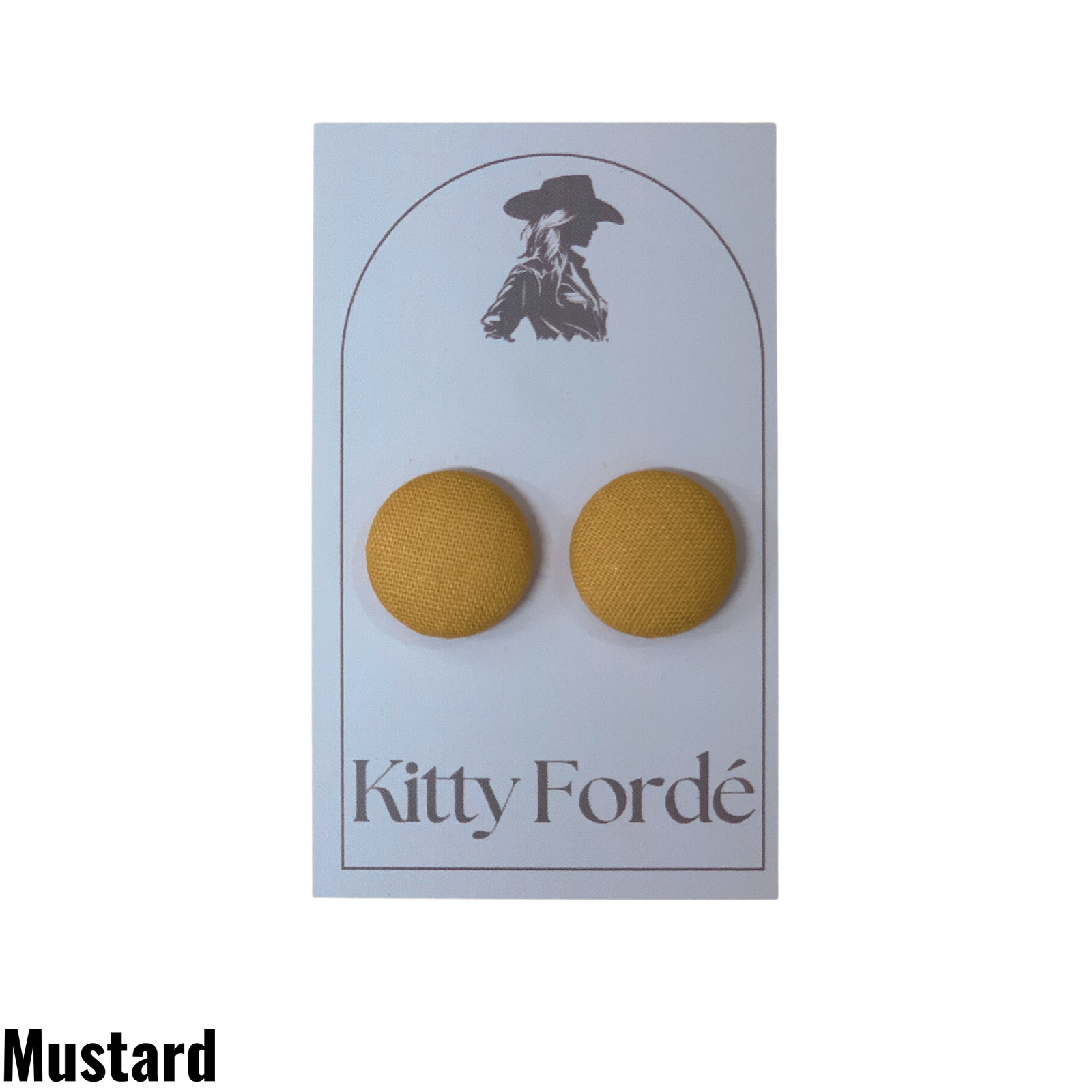 Mustard yellow earrings on a Kitty Fordé branded card with a cowboy graphic.