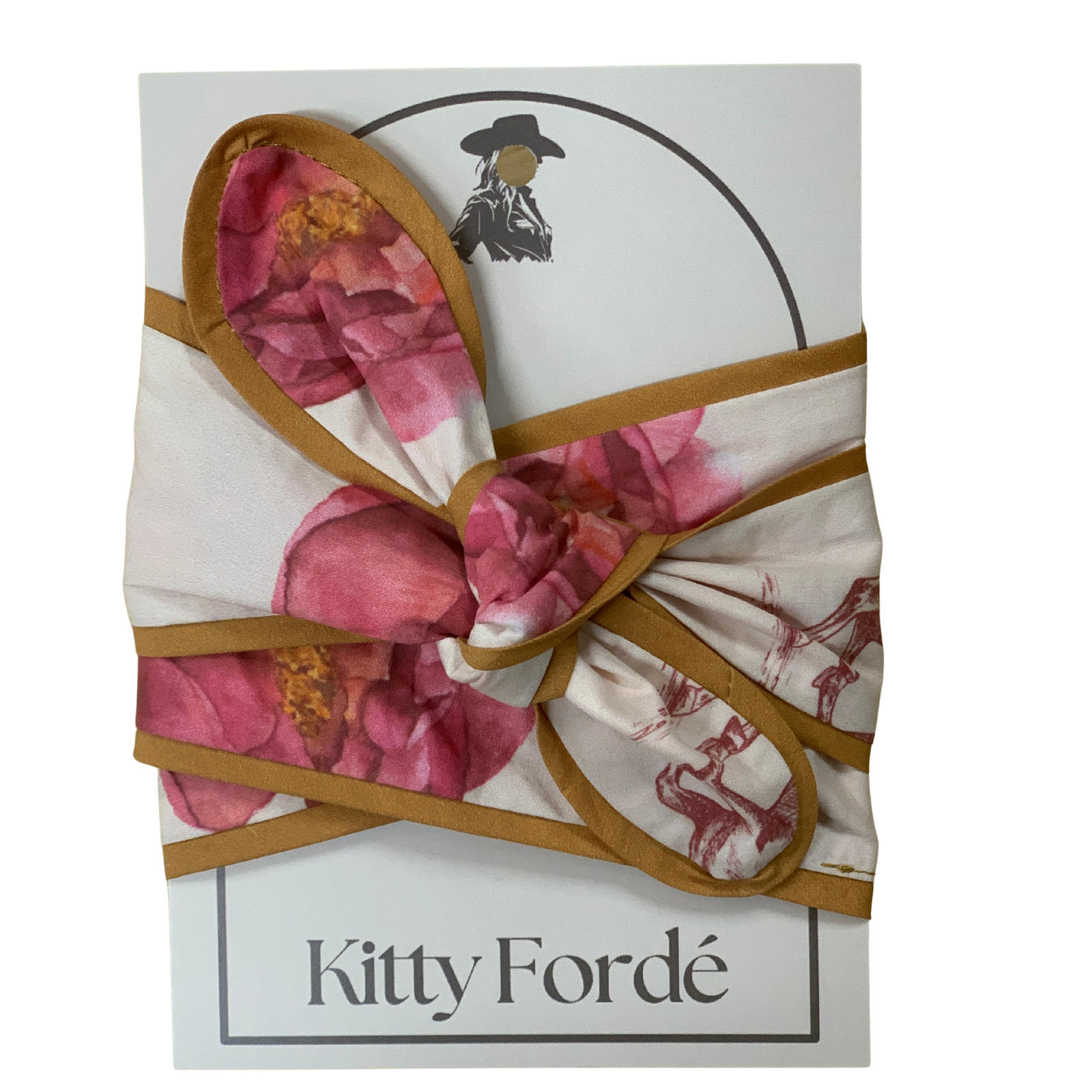 Kitty Fordè Peonie Horse Printed Necktie. Floral bow tie on a mannequin with a dark background