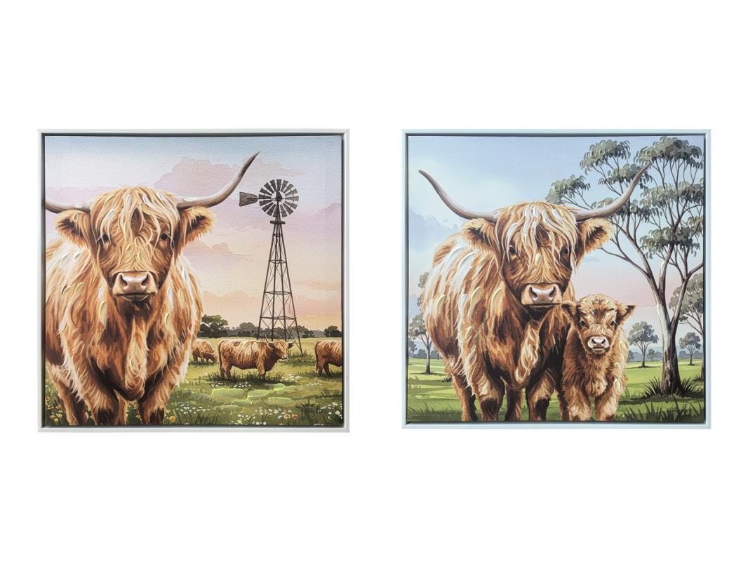 Two framed pictures of Highland cows in a pastoral setting with windmills and trees.