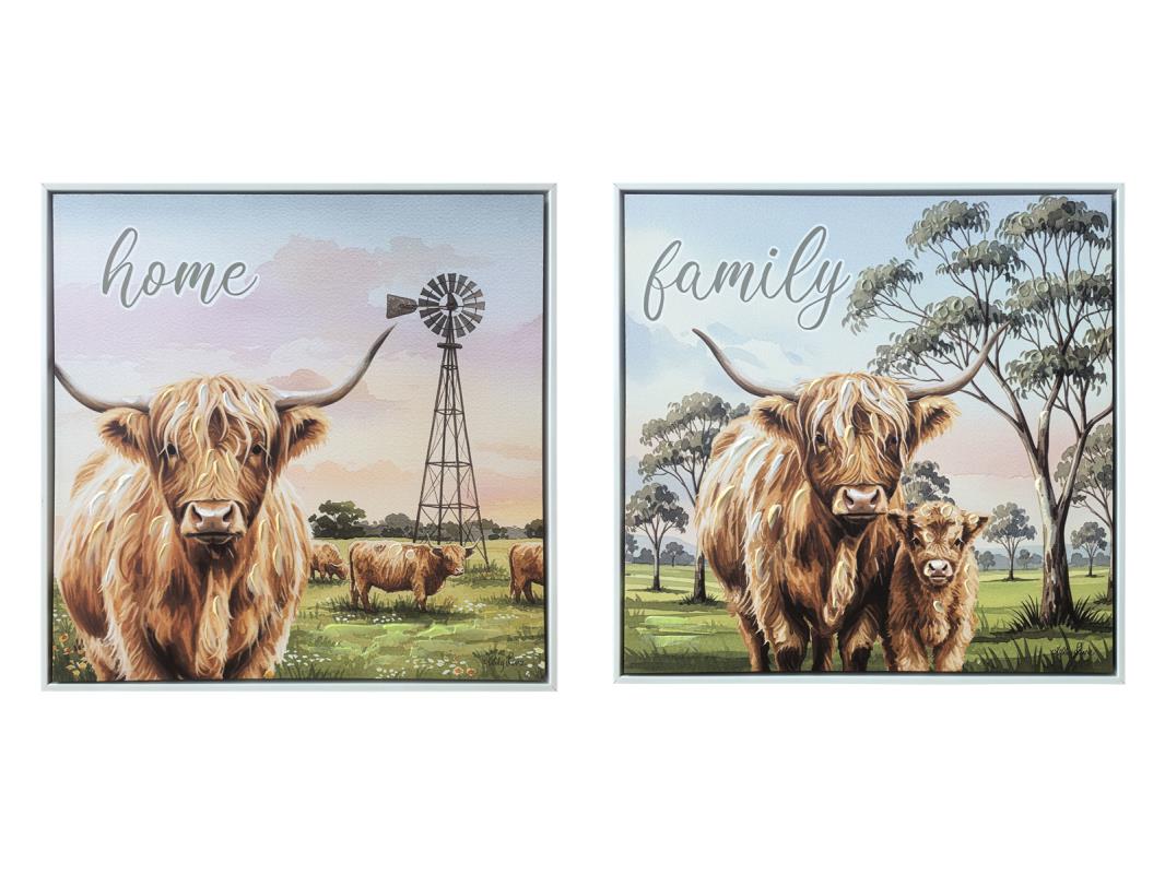 Two framed pictures of Highland cows with windmill and trees, featuring the words 'home' and 'family'.