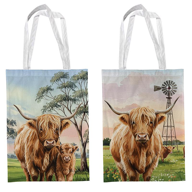 Two tote bags with Highland cow designs on a white background