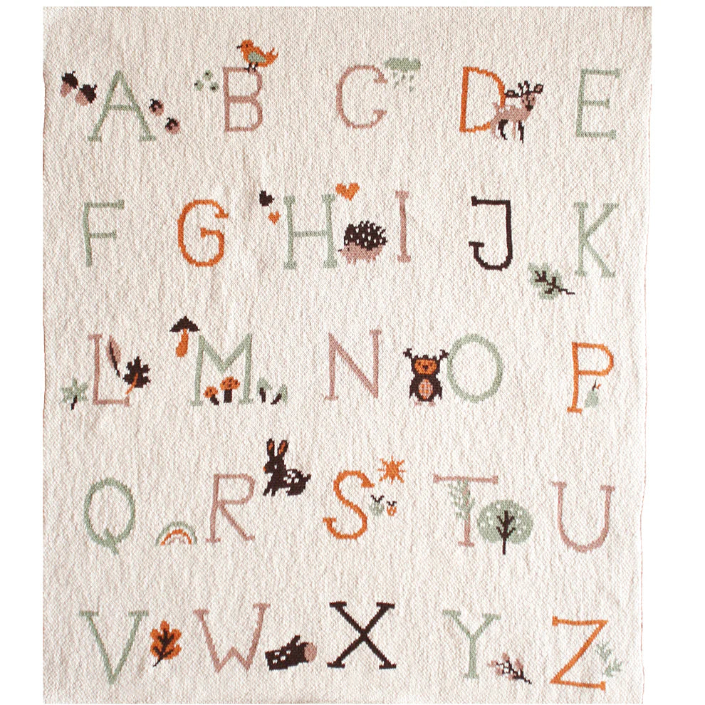 Children's alphabet rug with letters and illustrations on a beige background