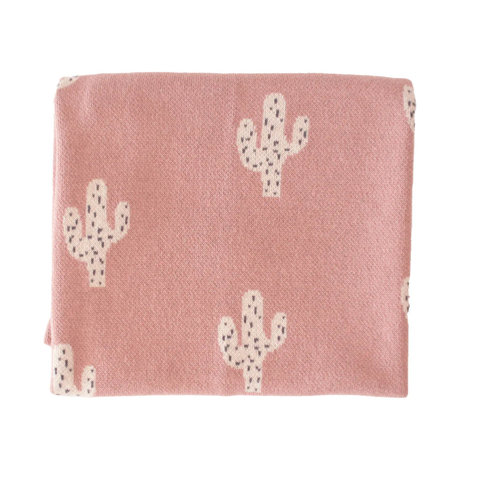 Alimrose Cactus Baby Blanket Petal. Pink blanket with cactus pattern and ALIMROSE ribbon on a white background