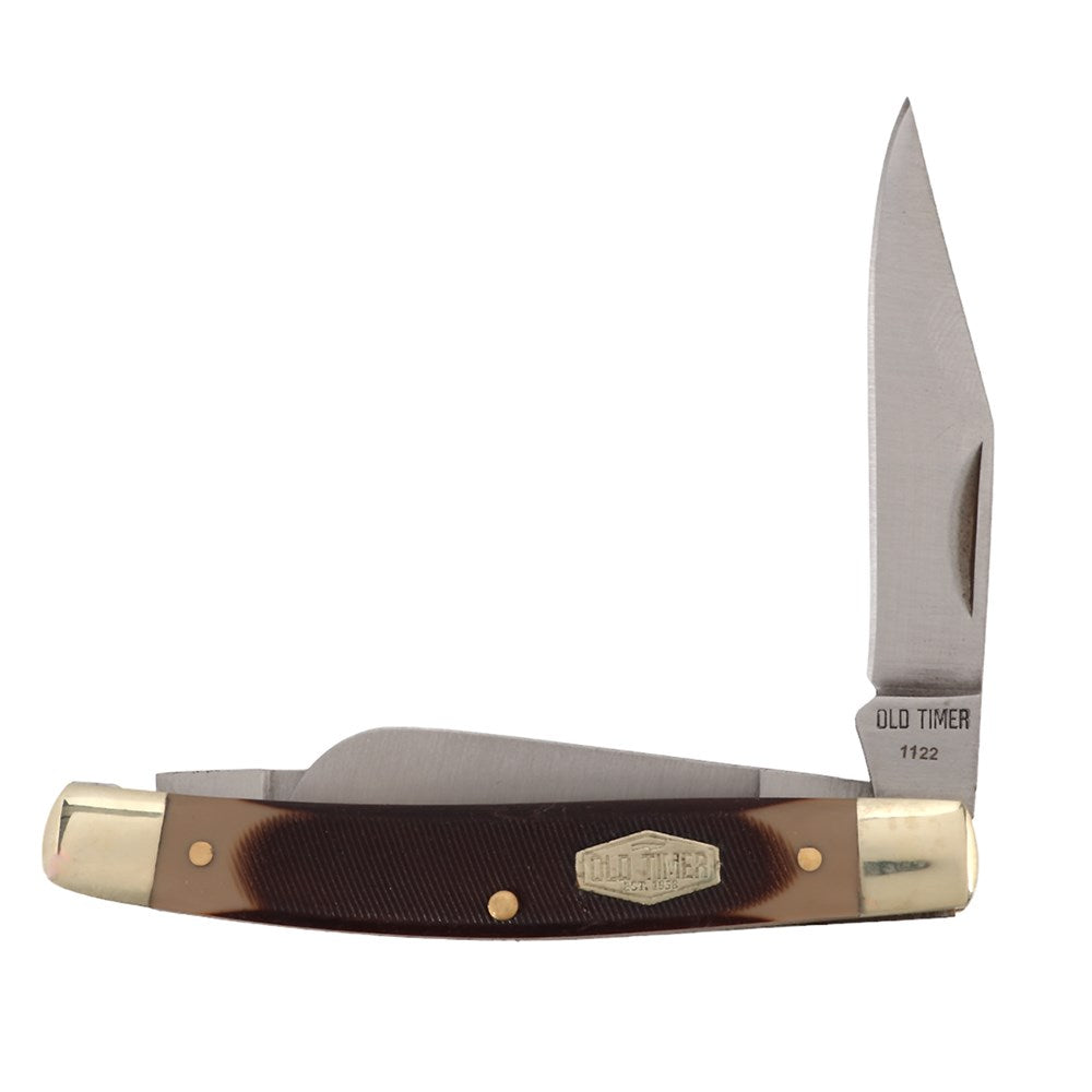 Old Timer 34-OT Middleman Stock Knife. Pocket knife with brown handle and gold accents on a white background