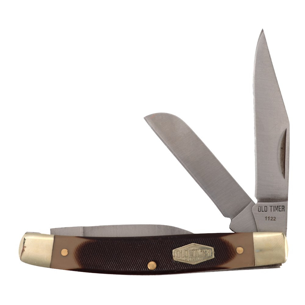 Old Timer 34-OT Middleman Stock Knife. Folding knife with brown handle and visible brand logo on a white background