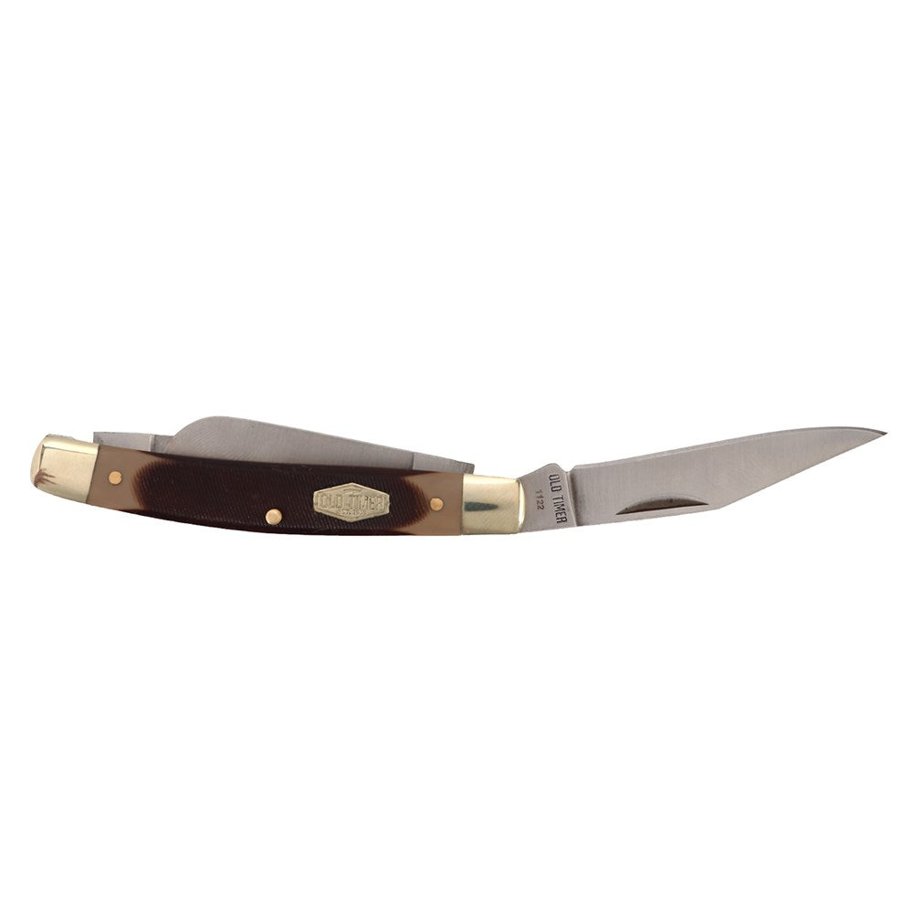 Old Timer 34-OT Middleman Stock Knife. Pocket knife with brown handle and metallic blade on a white background