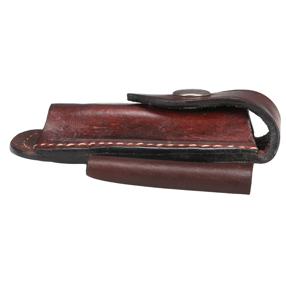 Stockmaster Side Lay Knife Pouch Holds 4"Knife. Brown leather holster with a silver clip on a white background. 