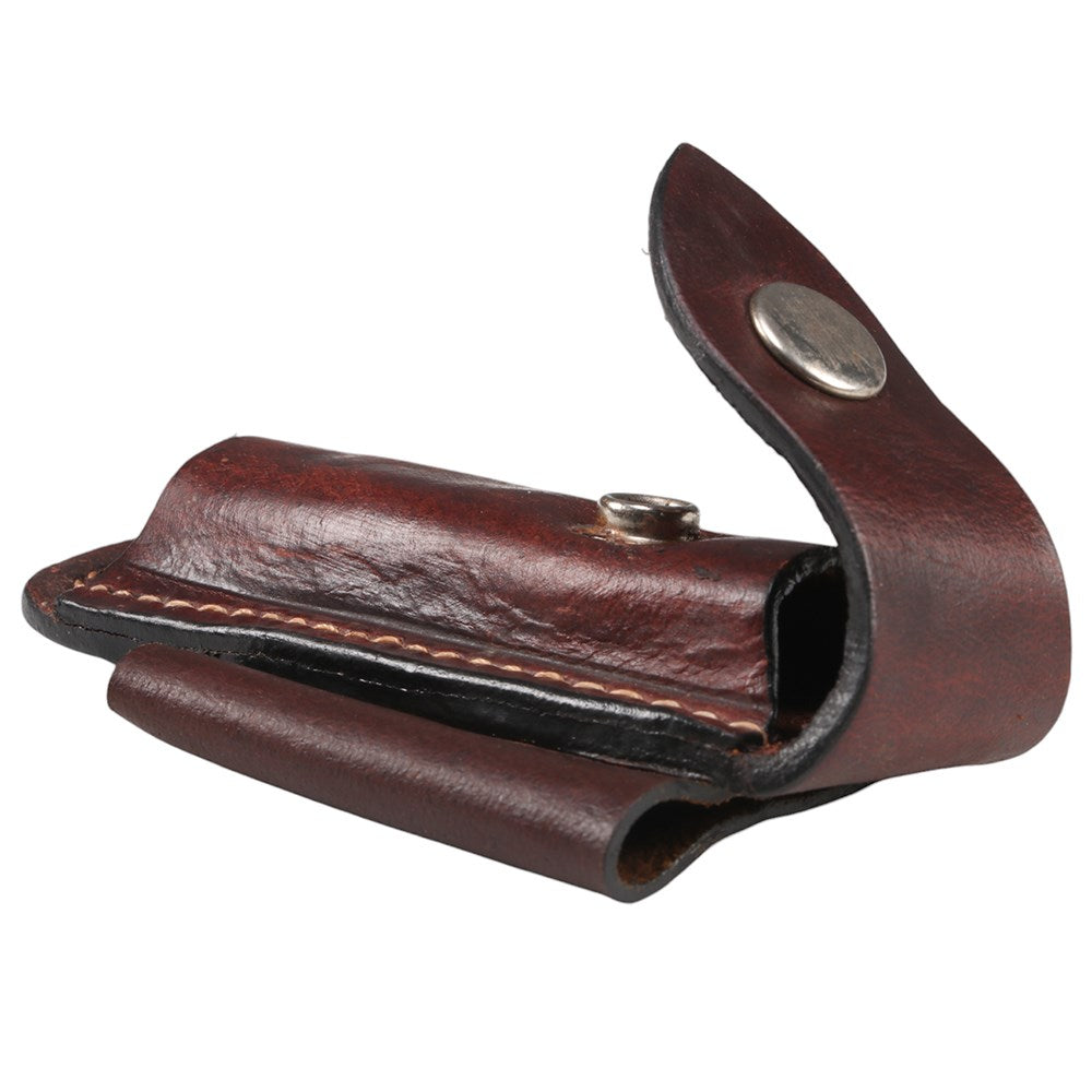 Stockmaster Side Lay Knife Pouch Holds 4"Knife. Brown leather clip with metal fasteners on a white background
