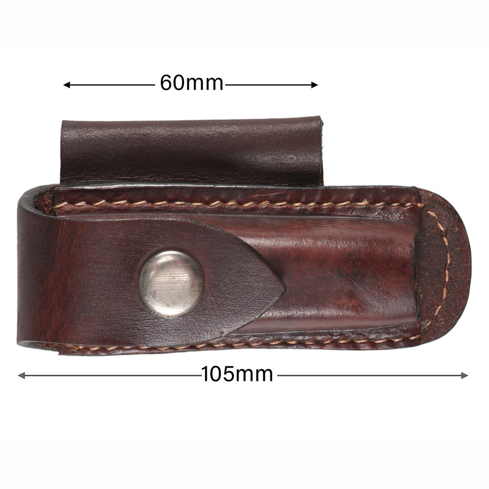 Stockmaster Side Lay Knife Pouch Holds 4"Knife. Brown leather sheath with metal button, showing dimensions on a white background