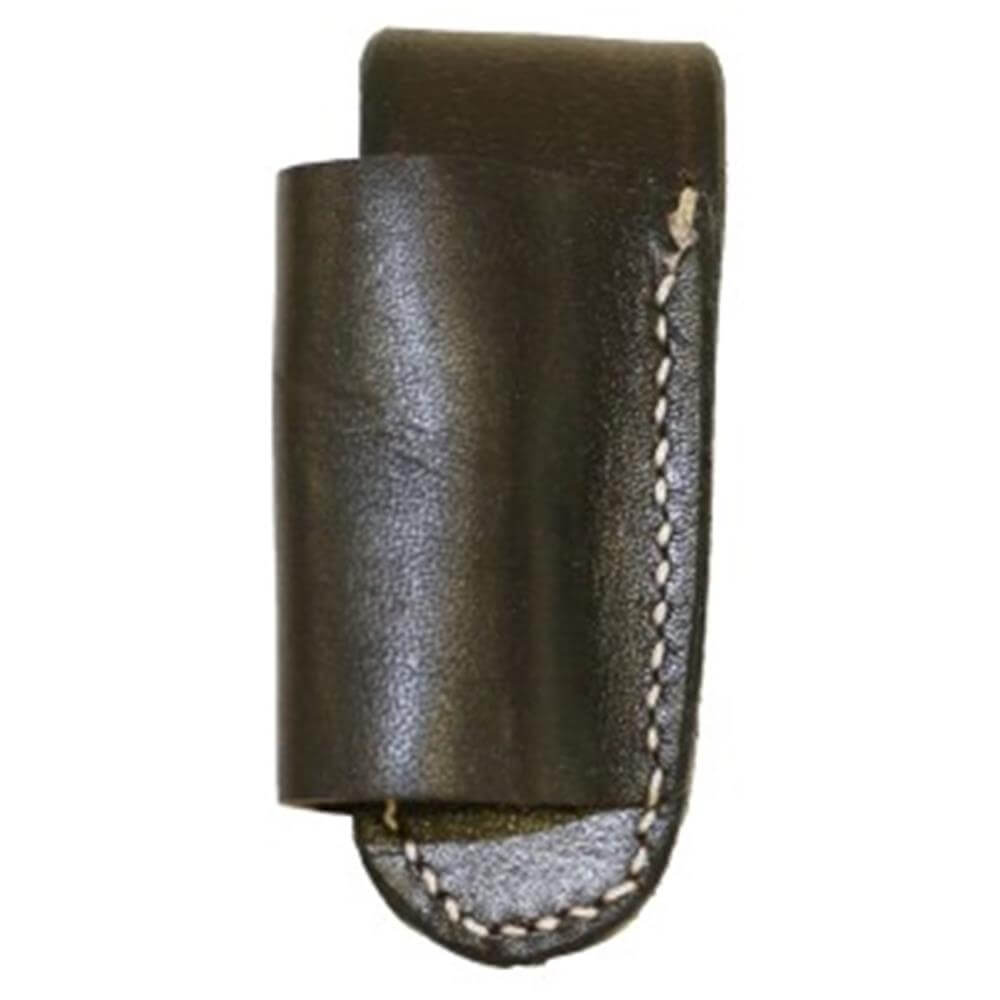 StockMaster Side Lay Knife Pouches. A brown leather knife pouch with a metal snap closure.