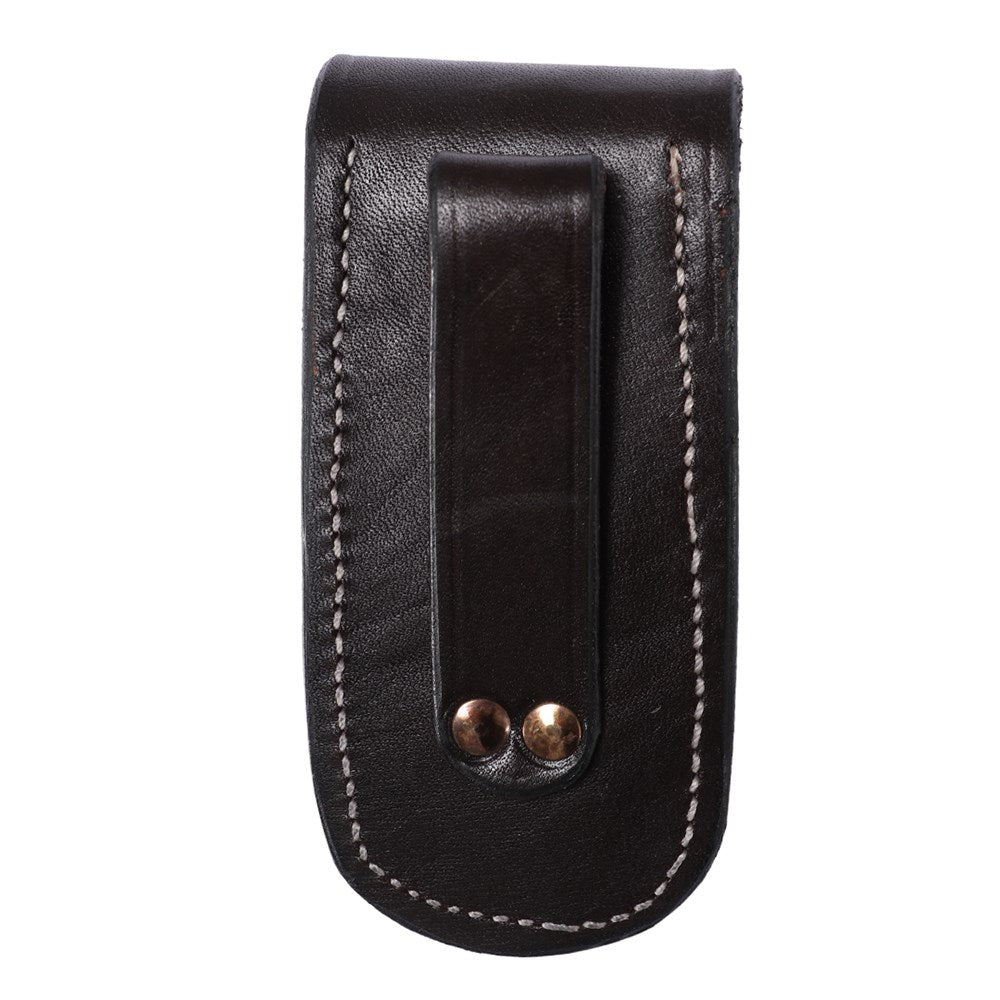 StockMaster Vertical Lay Knife Pouch - Holds a 4" Knife. Brown leather knife sheath with metal clips on a white background