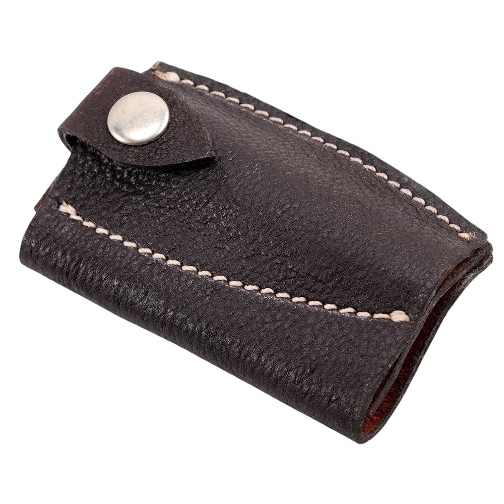 Ord River Side Lay Knife Pouch. Brown leather wallet with a button on a white background