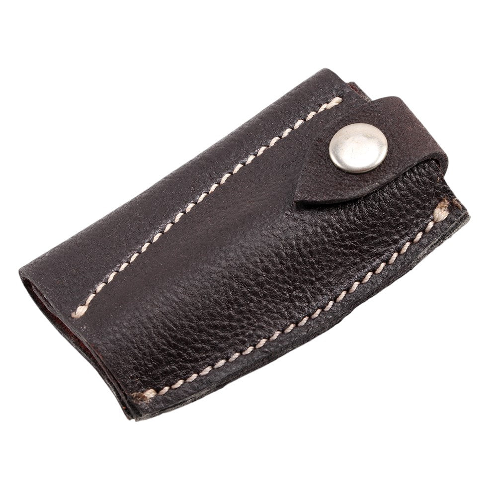 Ord River Side Lay Knife Pouch. Brown leather wallet with a button on a white background