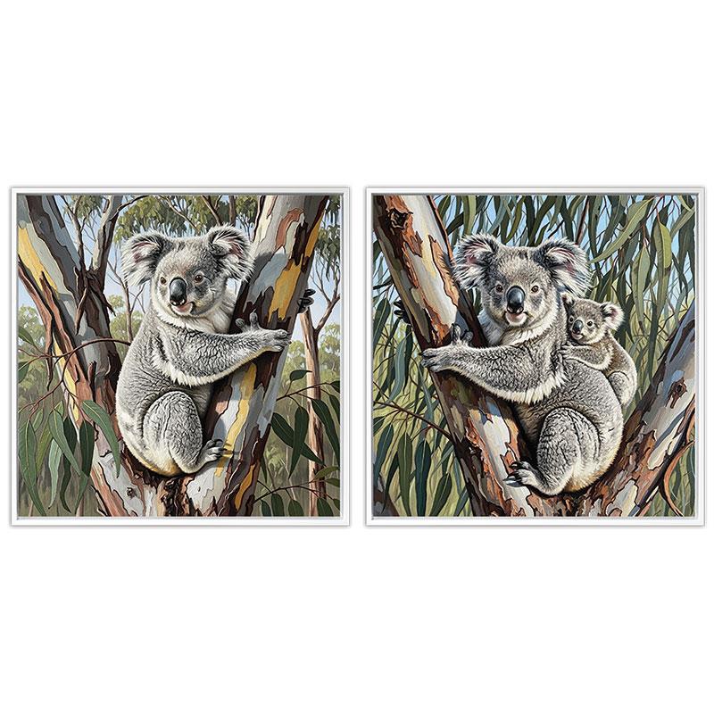 Two framed artworks of koalas in eucalyptus trees on a white background