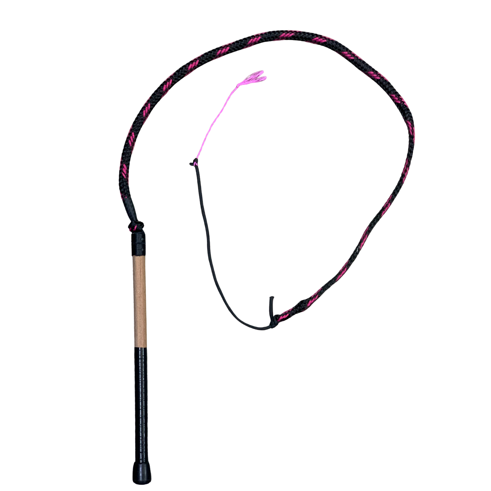 Krackin Whips 3'6 Whip. Black and pink whip with wooden handle on a white background