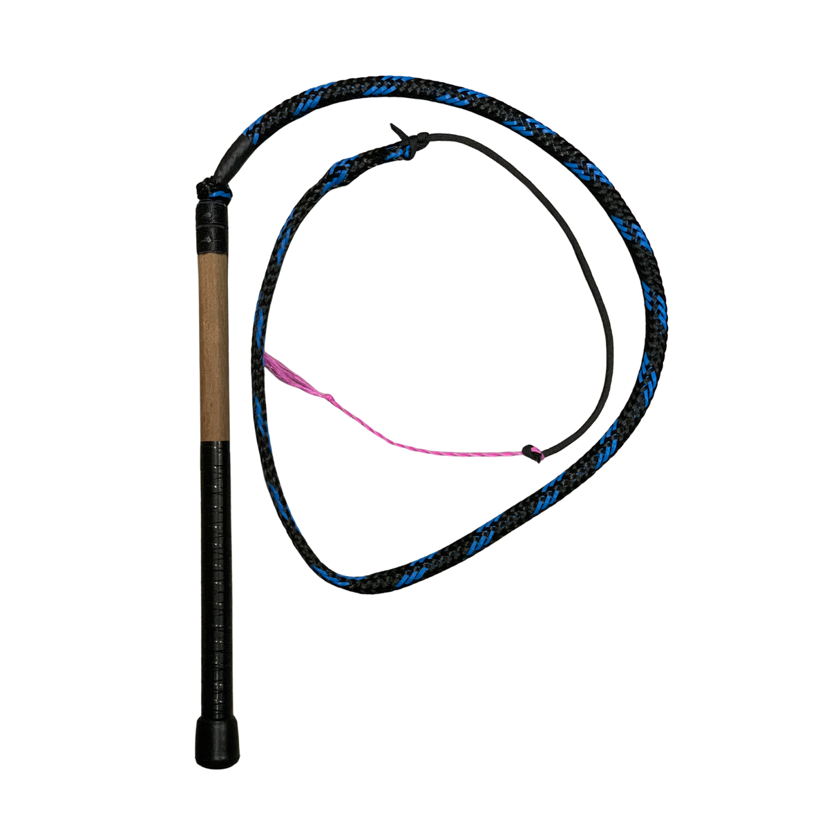 Krackin Whips 4'6 Whip. Black and blue braided whip with a wooden handle on a white background