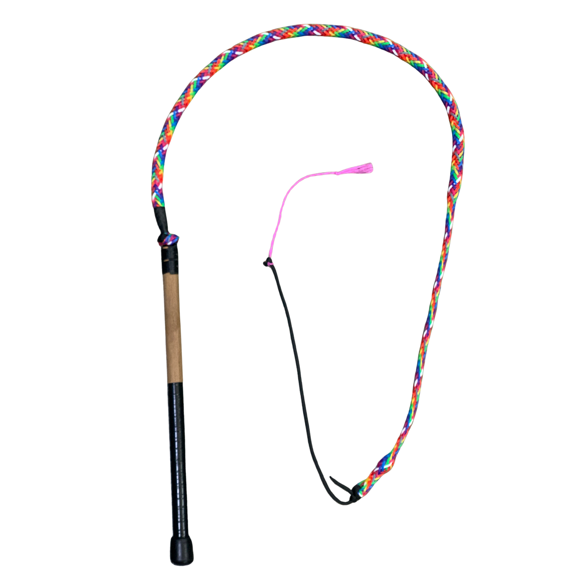Krackin Whips 4'6 Whip. Colorful braided lanyard with a wooden handle on a white background