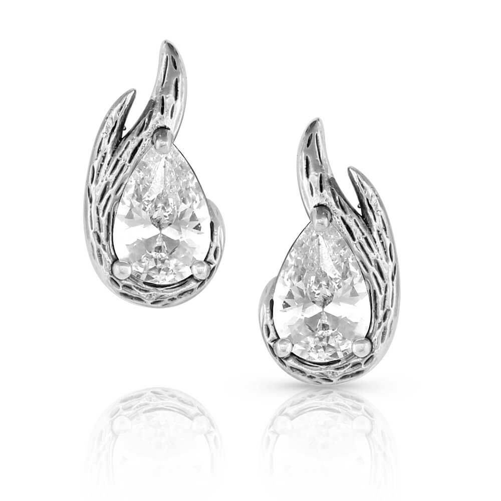 Montana Silversmiths Frozen in Time Post Earrings. A pair of sterling silver post earrings featuring a teardrop design with glittering cubic zirconia stones and textured details.